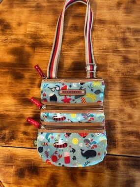 Lily Bloom Light Blue Triple Zip Crossbody with Red Accents